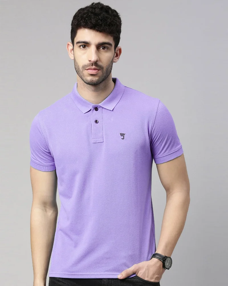 Joven Men Lilac Solid Polo Collar Pure Cotton T-Shirt