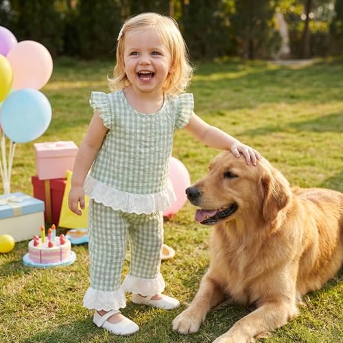 GOOCHEER Toddler Girl Clothes Baby Summer Outfits Plaid Ruffle Sleeveless Vest Tank Tops Pants Set 12 18 24 Month 2T 3T 4T (#Lace-Green, 12-18 Months) - Image 2