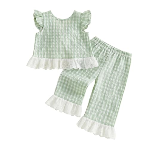 GOOCHEER Toddler Girl Clothes Baby Summer Outfits Plaid Ruffle Sleeveless Vest Tank Tops Pants Set 12 18 24 Month 2T 3T 4T (#Lace-Green, 12-18 Months) - Image 1
