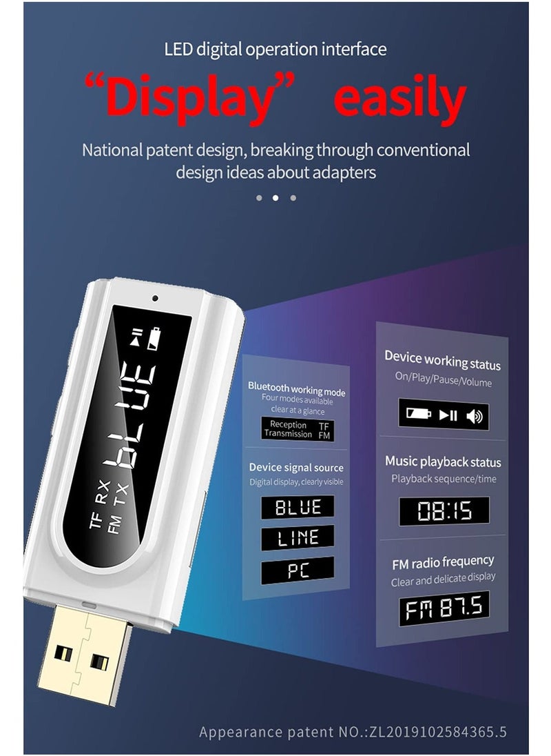 USB Bluetooth Transmitter Receiver with LCD Screen, 3 in 1 Bluetooth 5.0 Transmitter and Receiver Support TF Card & FM Transmit, 3.5mm Bluetooth Adapter for PC, TV, Headphones and Car - Image 3