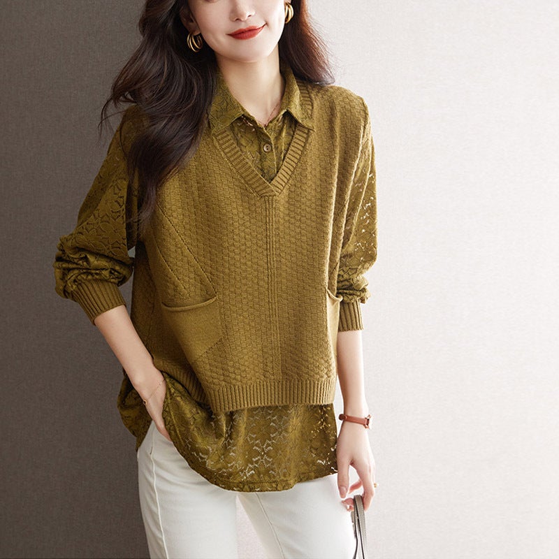 IllusionTopknit Spliced Shirt Womens 2024 Loose Fit Plus Size Cracker Khaki Hollow Lace Polo Collar Base Layer Top Autumn fragrant yellow 