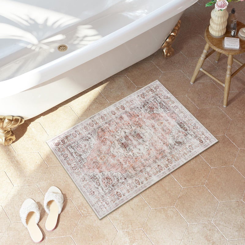 Uphome Boho Bathroom Rugs, Distressed Farmhouse Blush Pink Bath Mat, Comfy Velvet Small Bath Rugs Non Slip Washable, Vintage Oriental Toilet Rug for Sink Shower Vanity, 18x26 inch - Image 1