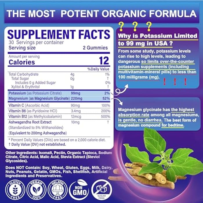 NEVISS Potassium Magnesium Gummies - Potassium Supplement w/Ashwagandha 200mg, Magnesium Glycinate,B6,B12,P-otassium Citrate for Leg Cramps,Muscle,Electroyte for Adults Kids,Sugar-Free, 2 Pack - Image 2