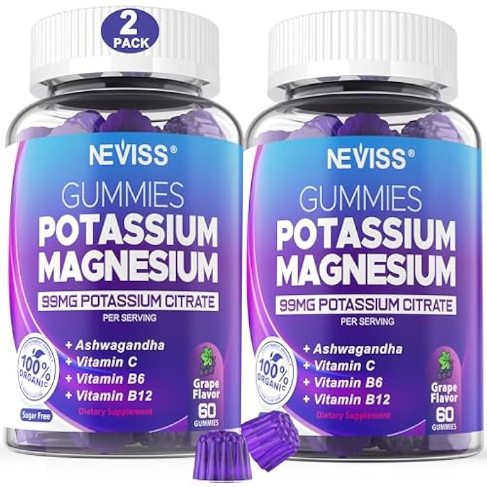 NEVISS Potassium Magnesium Gummies - Potassium Supplement w/Ashwagandha 200mg, Magnesium Glycinate,B6,B12,P-otassium Citrate for Leg Cramps,Muscle,Electroyte for Adults Kids,Sugar-Free, 2 Pack - Image 1