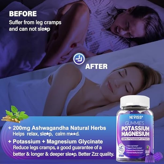 NEVISS Potassium Magnesium Gummies - Potassium Supplement w/Ashwagandha 200mg, Magnesium Glycinate,B6,B12,P-otassium Citrate for Leg Cramps,Muscle,Electroyte for Adults Kids,Sugar-Free, 2 Pack - Image 5
