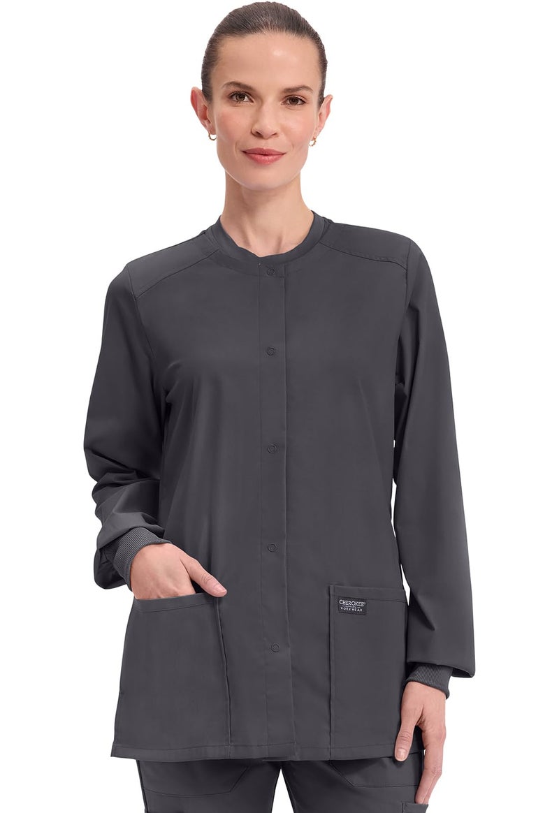 Cherokee Scrub for Women Snap Front Jacket with 3 Pockets, Fade Resistant, 2-Way Stretch, Soft & Durable Fabric - WW340, L, Pewter - Image 1
