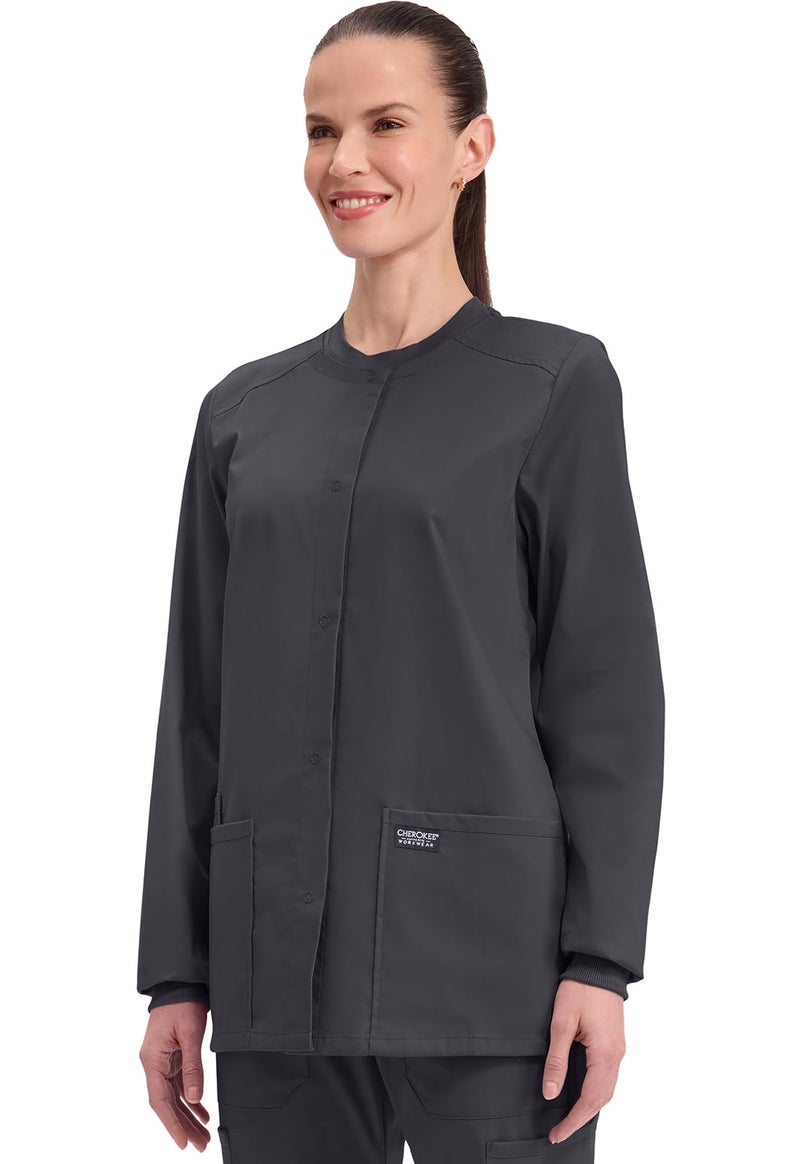 Cherokee Scrub for Women Snap Front Jacket with 3 Pockets, Fade Resistant, 2-Way Stretch, Soft & Durable Fabric - WW340, L, Pewter - Image 3