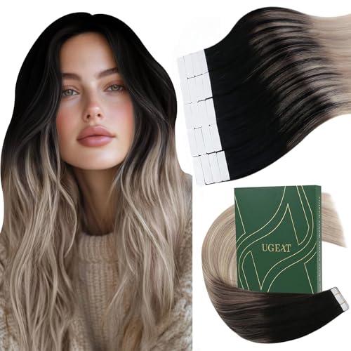 Ugeat Black Tape in Extensions Human Hair Balayage Tape in Human Hair Extensions Natural Black to Ash Blonde Mix Platinum Blonde Short Hairstyles for Girl 12 Inch 20Pcs 30G - Image 1