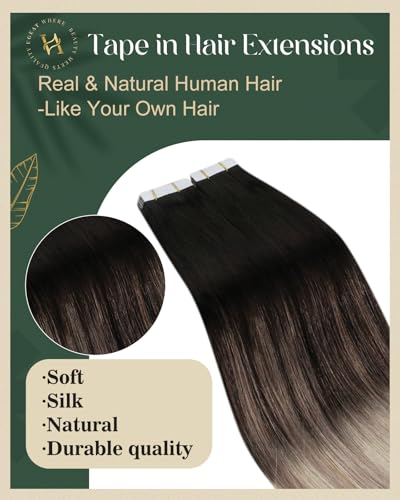 Ugeat Black Tape in Extensions Human Hair Balayage Tape in Human Hair Extensions Natural Black to Ash Blonde Mix Platinum Blonde Short Hairstyles for Girl 12 Inch 20Pcs 30G - Image 2