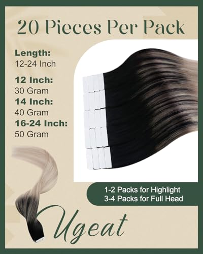 Ugeat Black Tape in Extensions Human Hair Balayage Tape in Human Hair Extensions Natural Black to Ash Blonde Mix Platinum Blonde Short Hairstyles for Girl 12 Inch 20Pcs 30G - Image 4