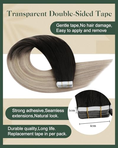 Ugeat Black Tape in Extensions Human Hair Balayage Tape in Human Hair Extensions Natural Black to Ash Blonde Mix Platinum Blonde Short Hairstyles for Girl 12 Inch 20Pcs 30G - Image 3