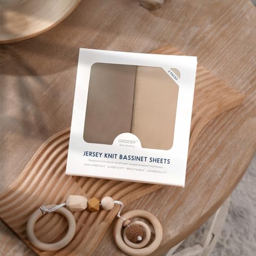 GRSSDER Stretchy Ultra Soft Fitted Bassinet Sheet 2 Pack, Universal Fit for Bassinets Baby Cradle Moses Basket Oval Rectangle Mattress Safe and Snug, Jersey Bassinet Sheets for Baby, Tan & Brown - Image 4