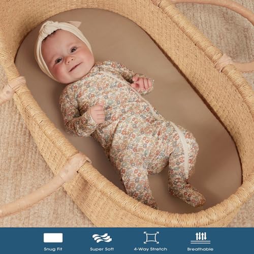GRSSDER Stretchy Ultra Soft Fitted Bassinet Sheet 2 Pack, Universal Fit for Bassinets Baby Cradle Moses Basket Oval Rectangle Mattress Safe and Snug, Jersey Bassinet Sheets for Baby, Tan & Brown - Image 5