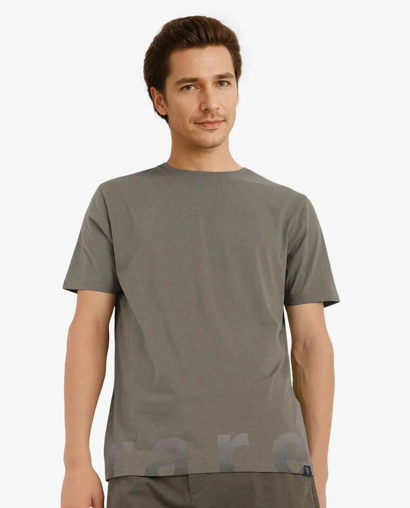 رير رابِت Rare Rabbit Men Let Dusky Green Cotton Lycra Fabric Short Sleeve Crew Neck Regular Fit Typography Print T-Shirt