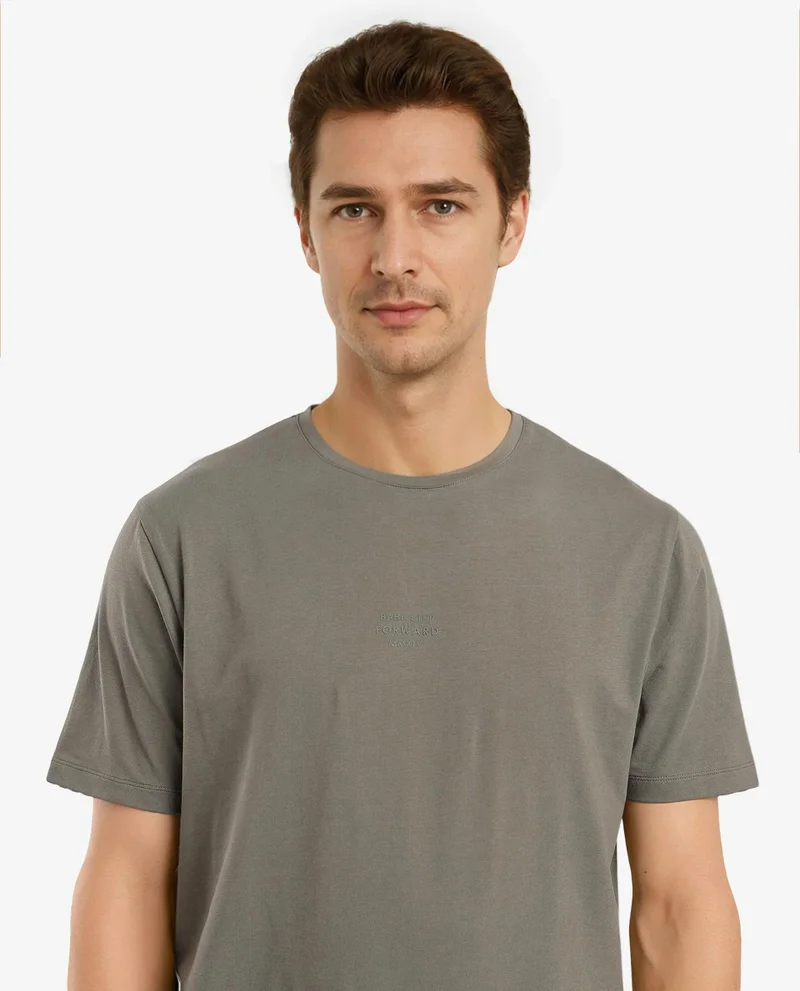 رير رابِت Rare Rabbit Men Let Dusky Green Cotton Lycra Fabric Short Sleeve Crew Neck Regular Fit Typography Print T-Shirt