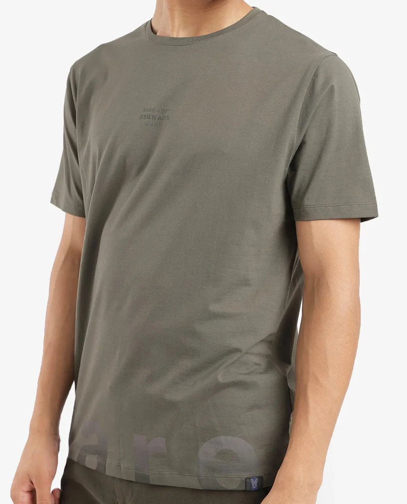 رير رابِت Rare Rabbit Men Let Dusky Green Cotton Lycra Fabric Short Sleeve Crew Neck Regular Fit Typography Print T-Shirt