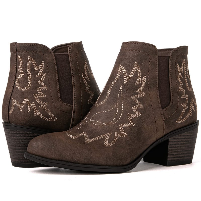 GLOBALWIN Cowboy Boots For Women Western Style Comfortable Pull On Short Brown Ankle Cowgirl Boots Low Heel Size 7M - Image 1