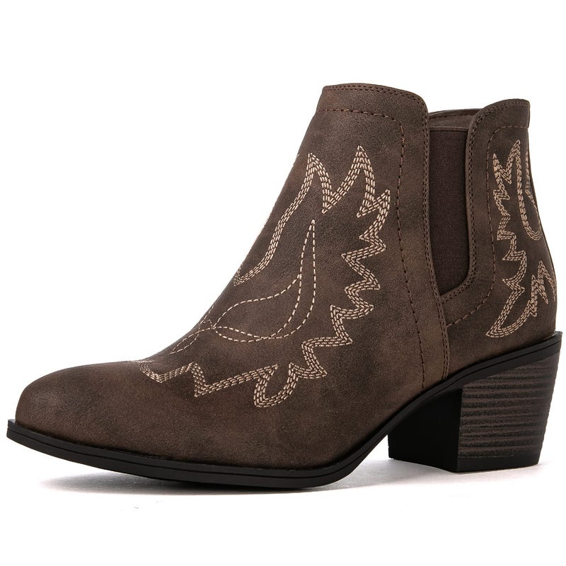 GLOBALWIN Cowboy Boots For Women Western Style Comfortable Pull On Short Brown Ankle Cowgirl Boots Low Heel Size 7M - Image 2