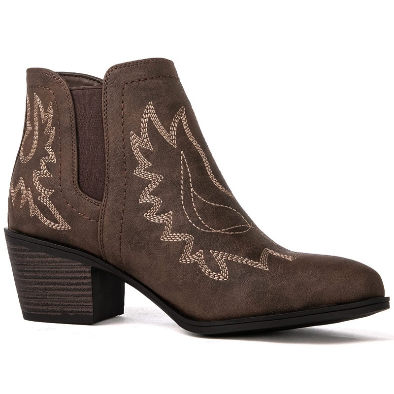 GLOBALWIN Cowboy Boots For Women Western Style Comfortable Pull On Short Brown Ankle Cowgirl Boots Low Heel Size 7M - Image 3