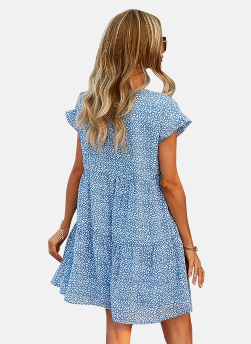 YUNIQEE Blue Printed Fit and Flare Above Knee Dress