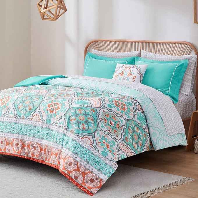 FULL SIZE COMFORTER SETS WITH SHEETS FLORAL AQUA BOHO COMPLETE BEDDING SET FOR TEEN GIRLS MICROFIBER 8 PIECE BED IN A BAG WITH SIDE POCKETS MATCHING DECORATIVE PILLOW