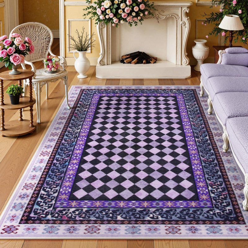 Wonnitar Checkered 6x9 Area Rugs for Living Room, Washable Trellis Rugs for Bedroom Girls, Non Slip Low Pile Soft Funky Checked Throw Carpet for Dorm Dining Room Home Decor (Purple,6x9) - Image 1