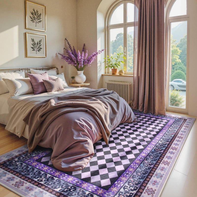 Wonnitar Checkered 6x9 Area Rugs for Living Room, Washable Trellis Rugs for Bedroom Girls, Non Slip Low Pile Soft Funky Checked Throw Carpet for Dorm Dining Room Home Decor (Purple,6x9) - Image 3