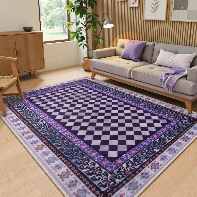 Wonnitar Checkered 6x9 Area Rugs for Living Room, Washable Trellis Rugs for Bedroom Girls, Non Slip Low Pile Soft Funky Checked Throw Carpet for Dorm Dining Room Home Decor (Purple,6x9) - Image 2