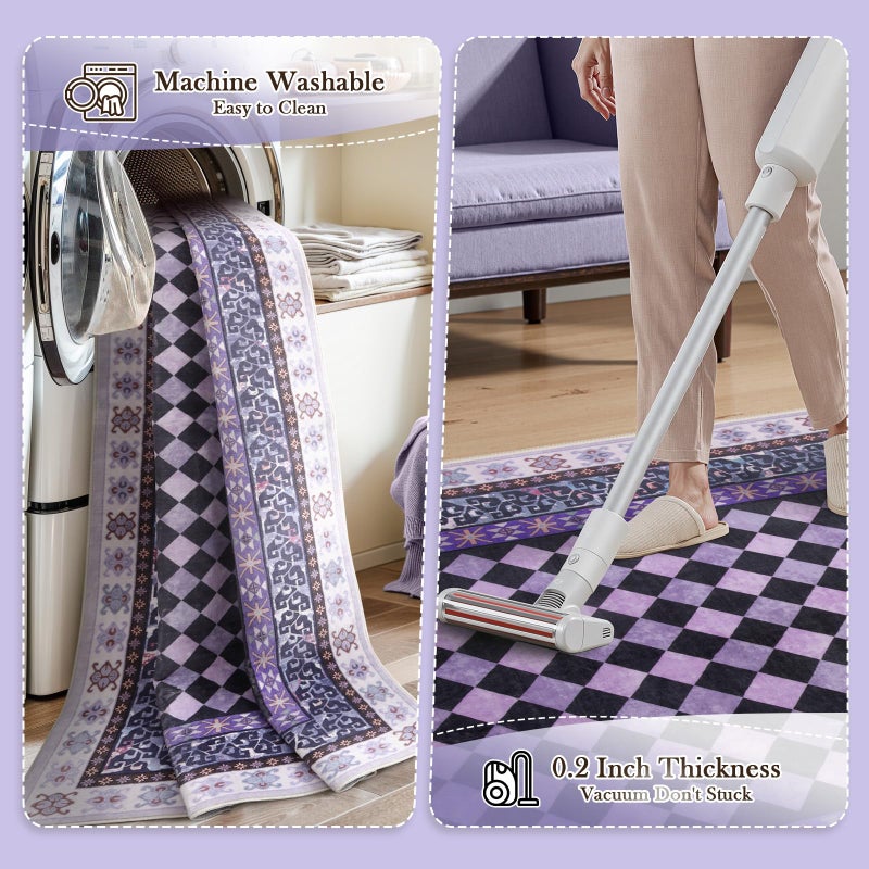 Wonnitar Checkered 6x9 Area Rugs for Living Room, Washable Trellis Rugs for Bedroom Girls, Non Slip Low Pile Soft Funky Checked Throw Carpet for Dorm Dining Room Home Decor (Purple,6x9) - Image 5