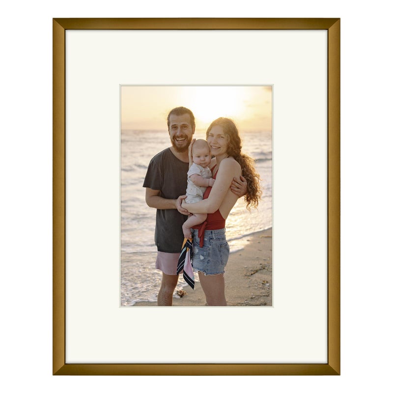 Frametory  8x10 Aluminum Frame for 5x7 Picture with Ivory Color Mat  Tabletop/Wall Display - Easel Stand  Sawtooth Hanger - Great for Photos  Artwork  Prints  Posters (Bronze  1-Pack)