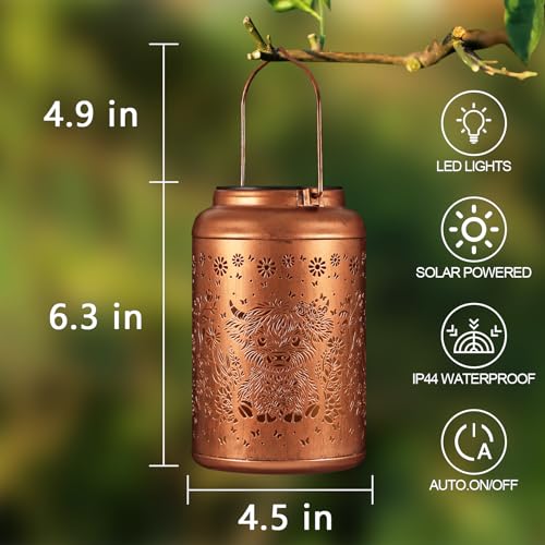 Tepaken Solar Lanterns Outdoor Waterproof Garden Decor Birthday Gifts for Women Mom Grandma Hanging Solar Lights Metal Decoration Outside for Yard, Patio (Highland Cattle) - Image 3