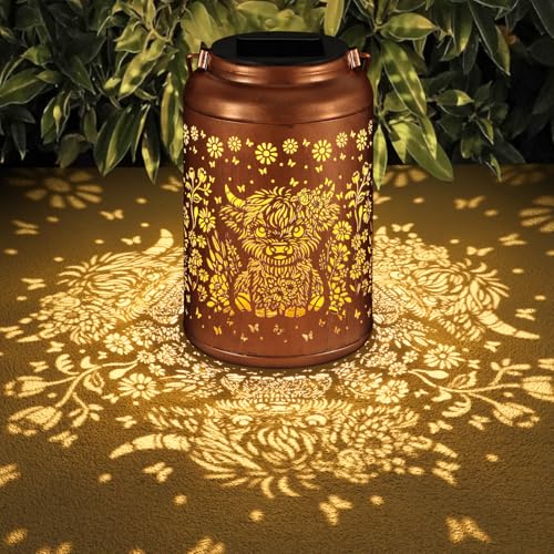 Tepaken Solar Lanterns Outdoor Waterproof Garden Decor Birthday Gifts for Women Mom Grandma Hanging Solar Lights Metal Decoration Outside for Yard, Patio (Highland Cattle) - Image 1