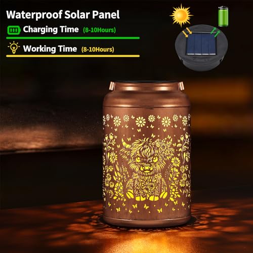 Tepaken Solar Lanterns Outdoor Waterproof Garden Decor Birthday Gifts for Women Mom Grandma Hanging Solar Lights Metal Decoration Outside for Yard, Patio (Highland Cattle) - Image 4