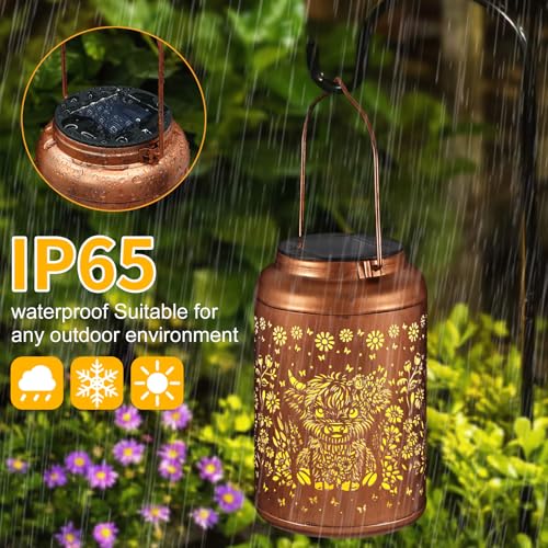 Tepaken Solar Lanterns Outdoor Waterproof Garden Decor Birthday Gifts for Women Mom Grandma Hanging Solar Lights Metal Decoration Outside for Yard, Patio (Highland Cattle) - Image 2