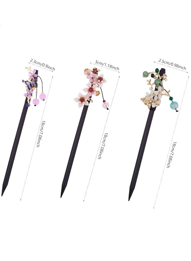 3 Pack Chinese Traditional Flower Hair Sticks Vintage Wooden Hair Pin for Women Girls - Image 2