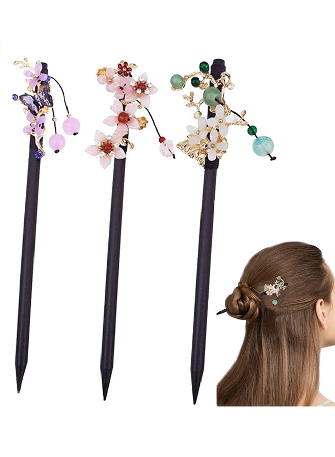 3 Pack Chinese Traditional Flower Hair Sticks Vintage Wooden Hair Pin for Women Girls - Image 1