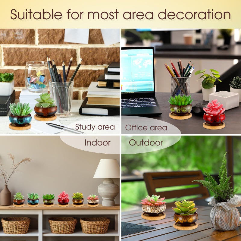 RimCereal 24 Pcs Ceramic Succulent Pots 2.5 Inch Small Plant Pots Indoor with Drainage and Bamboo Saucers Colorful Succulent Flower Planters for Garden Plants Home Decor(Round,1.2 Inch H) - Image 5