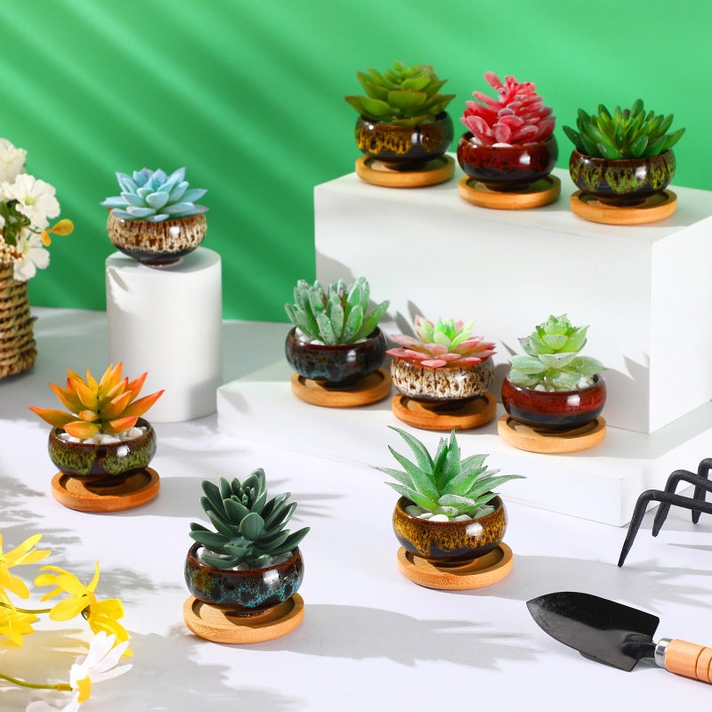 RimCereal 24 Pcs Ceramic Succulent Pots 2.5 Inch Small Plant Pots Indoor with Drainage and Bamboo Saucers Colorful Succulent Flower Planters for Garden Plants Home Decor(Round,1.2 Inch H) - Image 4
