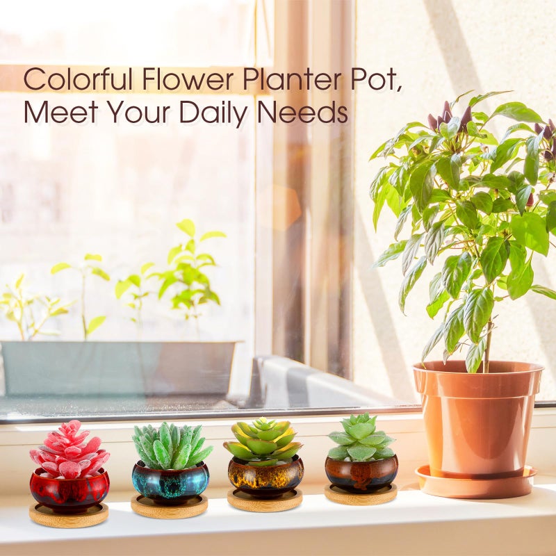 RimCereal 24 Pcs Ceramic Succulent Pots 2.5 Inch Small Plant Pots Indoor with Drainage and Bamboo Saucers Colorful Succulent Flower Planters for Garden Plants Home Decor(Round,1.2 Inch H) - Image 3