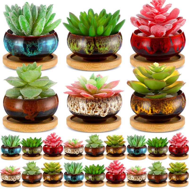 RimCereal 24 Pcs Ceramic Succulent Pots 2.5 Inch Small Plant Pots Indoor with Drainage and Bamboo Saucers Colorful Succulent Flower Planters for Garden Plants Home Decor(Round,1.2 Inch H) - Image 1