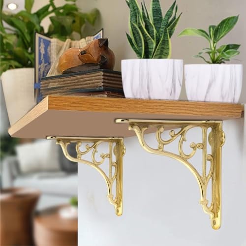GHAR DWAR Metal Handcrafted Shelf Bracket for Floating Shelves L Angle Decorative L Shaped Corner Brace Joint Heavy Duty Wall Mounted Shelf Supporter Brace Holder (Gold, Pack of 2) - Image 4