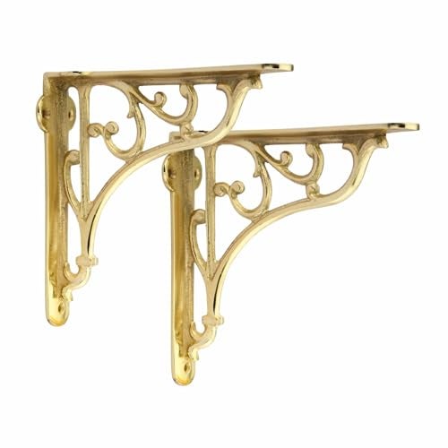 GHAR DWAR Metal Handcrafted Shelf Bracket for Floating Shelves L Angle Decorative L Shaped Corner Brace Joint Heavy Duty Wall Mounted Shelf Supporter Brace Holder (Gold, Pack of 2) - Image 1