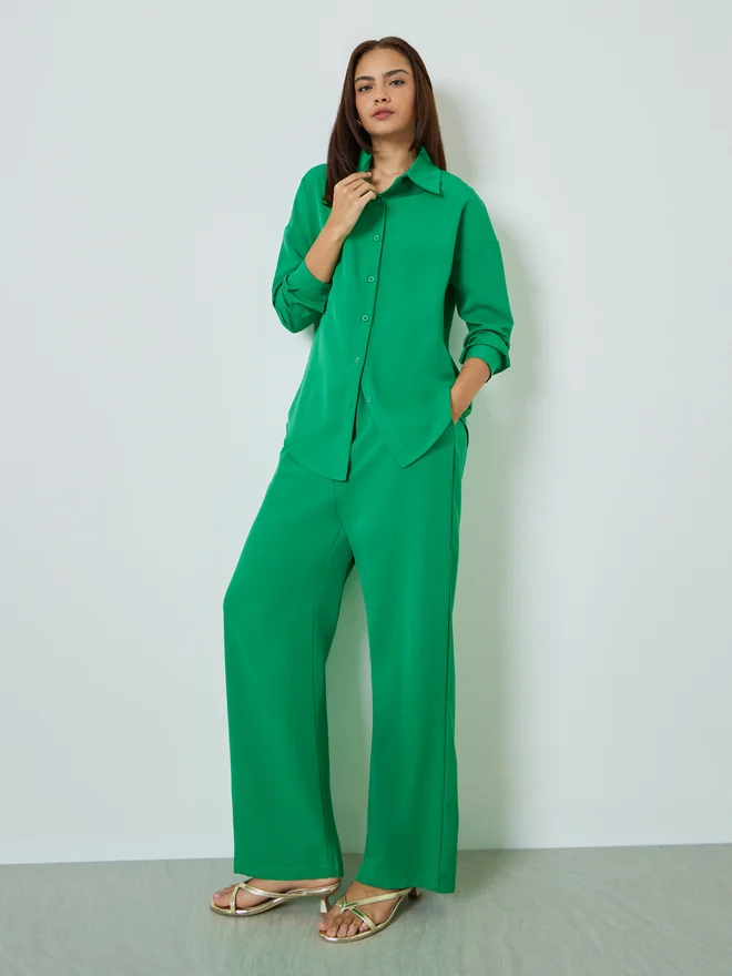 Styli Styli Green Solid Shirt and Wide Leg Pants Set