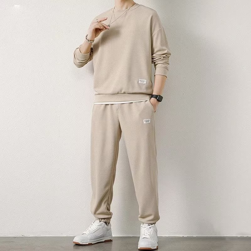Spring and Autumn 2024 New Mens Long Sleeve Sweat Trousers Waffley Casual Sports Student Youth Loose suit apricot 