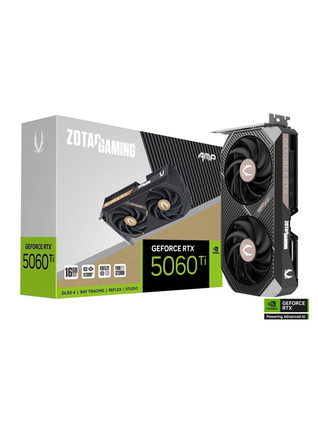 GeForce RTX 5060 Ti 16GB GDDR7 AMP Graphics Card - NVIDIA Blackwell Architecture, DLSS 4, 4608 CUDA Cores, 2632 MHz Boost Clock, 28 Gbps Memory, PCIe 5.0 x8, Dual-Fan IceStorm 2.0 Cooling, 1x 8-Pin Power Connector, 4K/8K HDMI & DisplayPort, Metal Backplate, Compact SFF-Ready Design with White LED Lighting, Freez Fan Stop, Quad Display Support | ZT-B50620F-10M