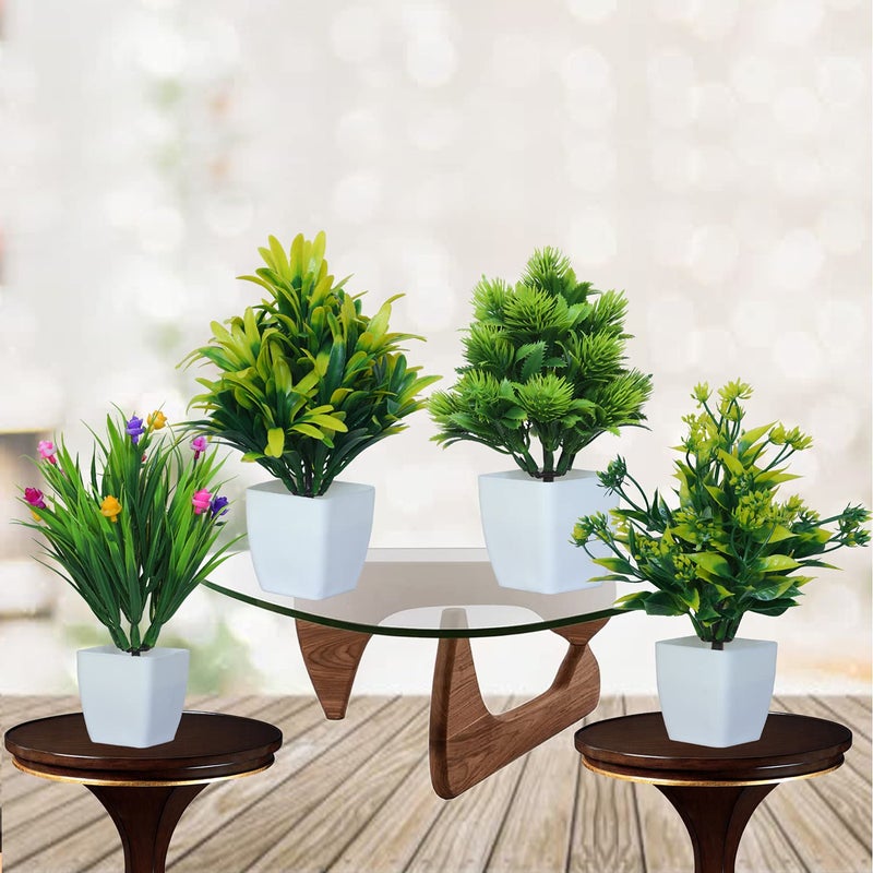 MODO Modo Plastic Bonsai Mini Table Top Artificial Plant With Pot For Home Office Decor 15 Cm Set Of 4 Plant GreenYellowMulticolor  - Image 3
