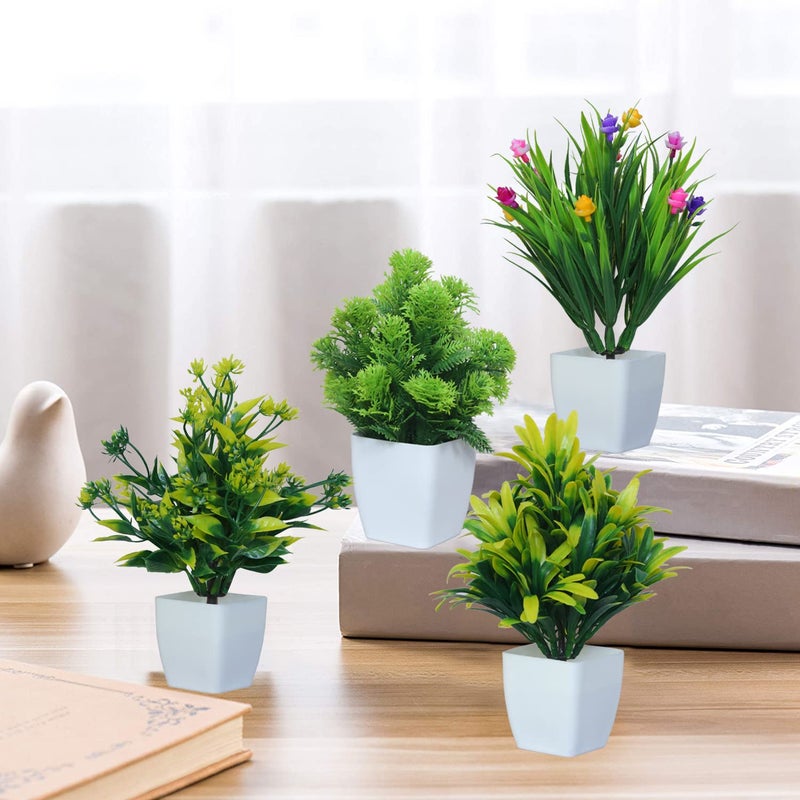 MODO Modo Plastic Bonsai Mini Table Top Artificial Plant With Pot For Home Office Decor 15 Cm Set Of 4 Plant GreenYellowMulticolor  - Image 1