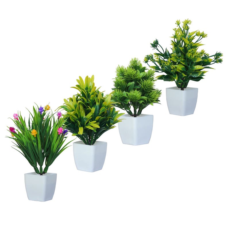 MODO Modo Plastic Bonsai Mini Table Top Artificial Plant With Pot For Home Office Decor 15 Cm Set Of 4 Plant GreenYellowMulticolor  - Image 4