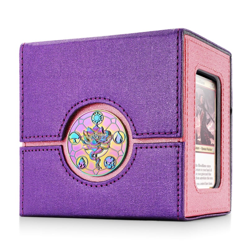 Kabinka Commander Deck Box for MTG with Metal Emblem, Card Deck Box with Dice Tray, Holds 100 Double-Sleeved Cards for TCG/PTCG, Cards Storage Case with 35PT Magnetic Card Holder (Pink& Purple, Lotus) - Image 1