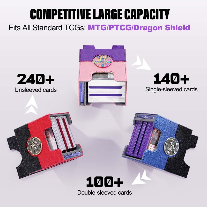 Kabinka Commander Deck Box for MTG with Metal Emblem, Card Deck Box with Dice Tray, Holds 100 Double-Sleeved Cards for TCG/PTCG, Cards Storage Case with 35PT Magnetic Card Holder (Pink& Purple, Lotus) - Image 3